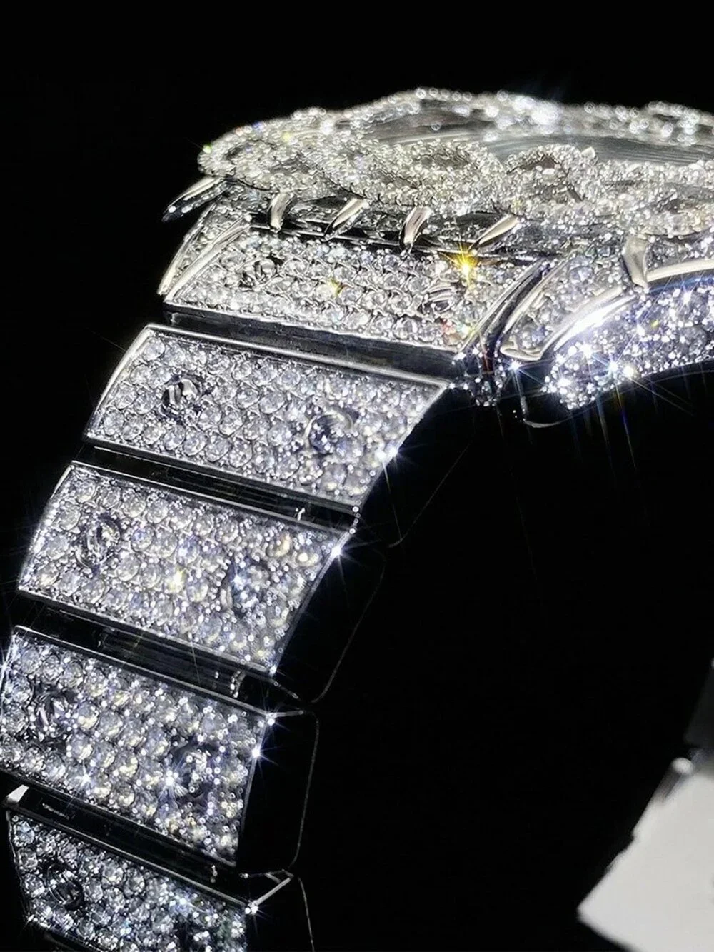 Iced Out Thorn Crown Square Quartz Men's Watch in White Gold